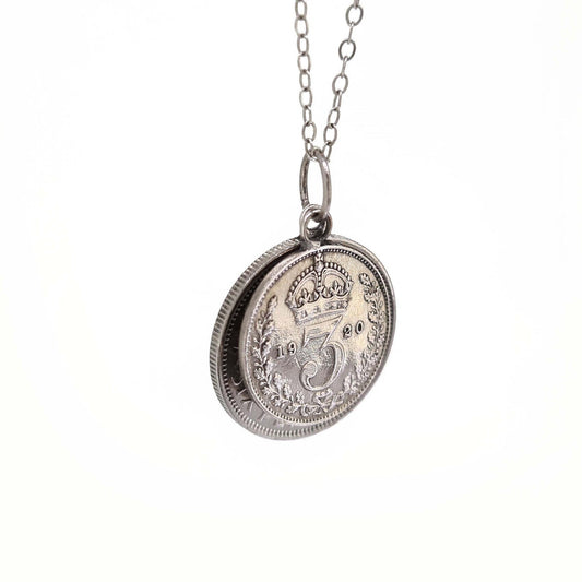 Lucky Sixpence and Threepenny coin layered necklace suspended on a sterling silver chain with your choice of date (palladium plated)