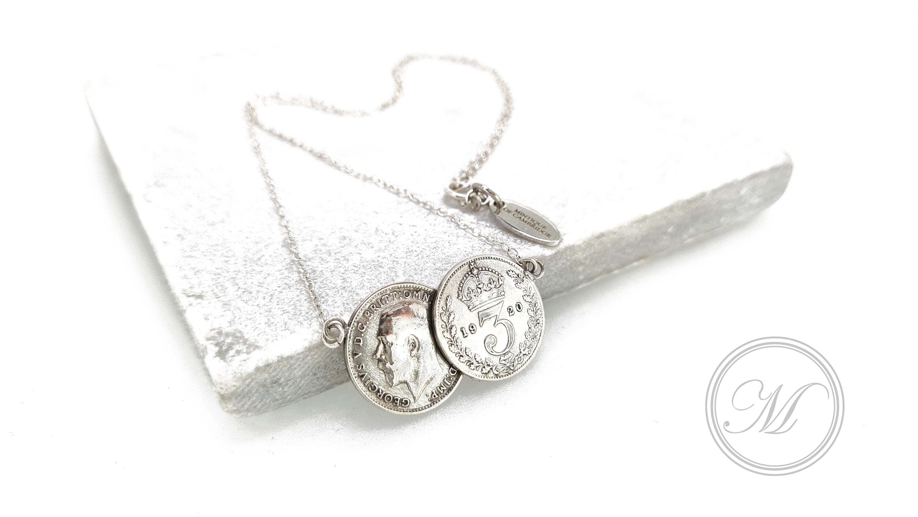 Threepence double coin necklace in palladium plated silver - a delicate dainty vintage inspired necklace. Perfect gift for girlfriend, bride