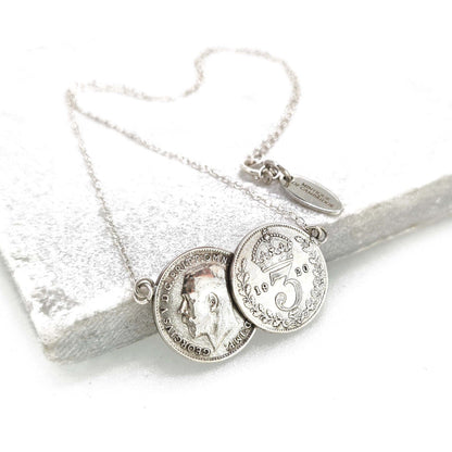 Threepence double coin necklace in palladium plated silver - a delicate dainty vintage inspired necklace. Perfect gift for girlfriend, bride