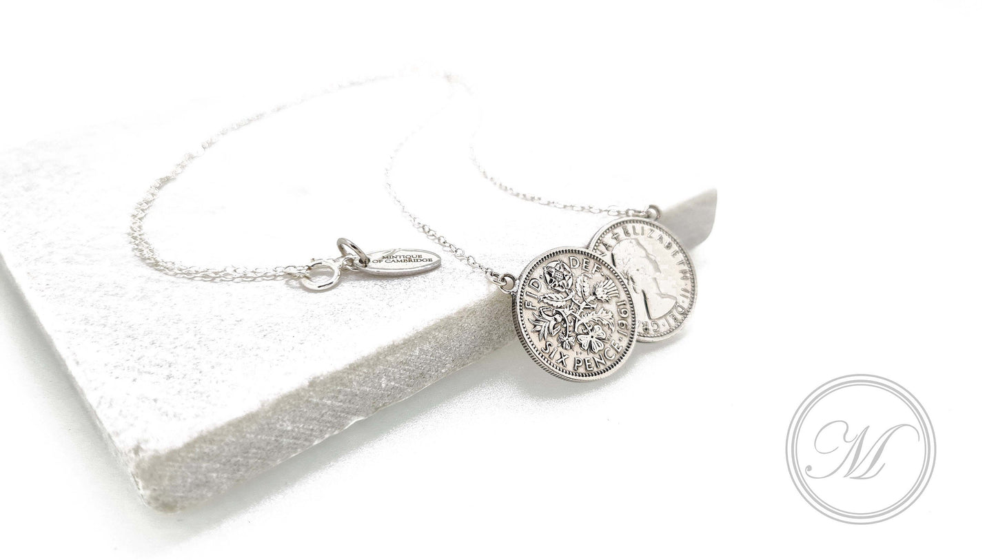 Sixpence Double Necklace, sterling silver chain, coin necklace, palladium plated