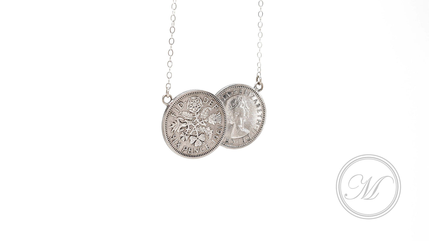 Sixpence Double Necklace, sterling silver chain, coin necklace, palladium plated