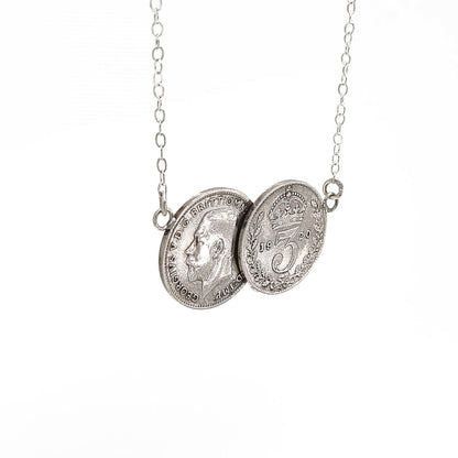 Threepence double coin necklace in palladium plated silver - a delicate dainty vintage inspired necklace. Perfect gift for girlfriend, bride