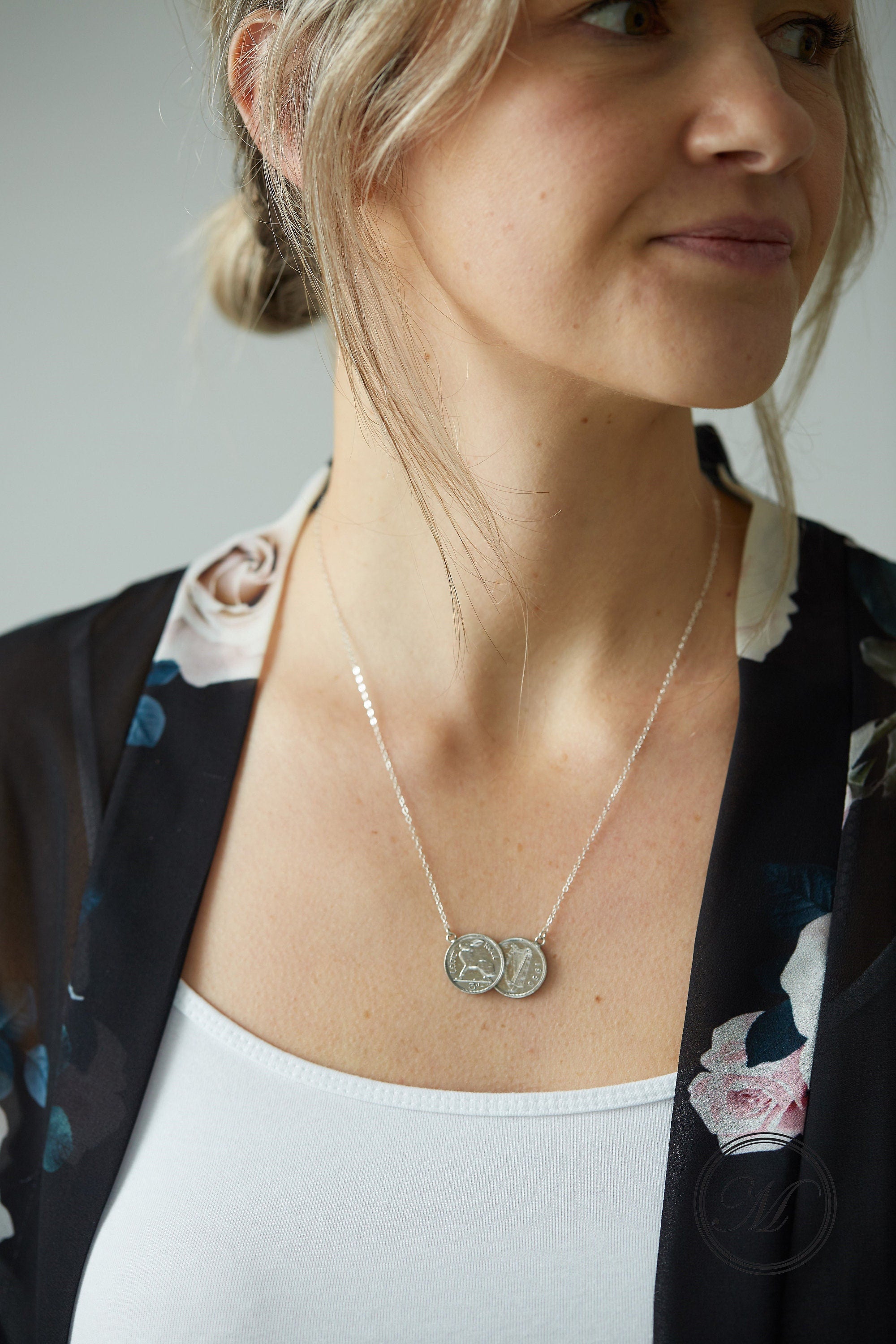 Irish threepence double necklace, silver Irish necklace, silver delicate pendant, double coin necklace, palladium plated coins
