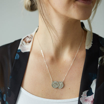 Irish threepence double necklace, silver Irish necklace, silver delicate pendant, double coin necklace, palladium plated coins