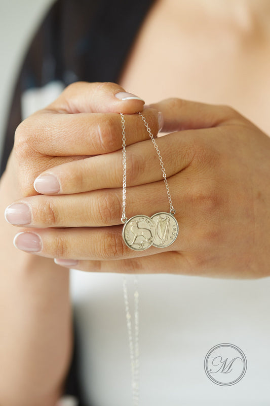 Irish threepence double necklace, silver Irish necklace, silver delicate pendant, double coin necklace, palladium plated coins