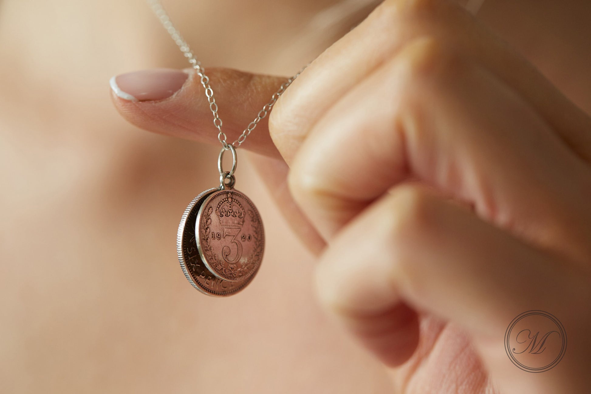 Lucky Sixpence and Threepenny coin layered necklace suspended on a sterling silver chain with your choice of date (palladium plated)