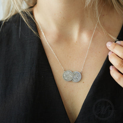 Sixpence Double Necklace, sterling silver chain, coin necklace, palladium plated