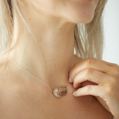 Threepence double coin necklace in palladium plated silver - a delicate dainty vintage inspired necklace. Perfect gift for girlfriend, bride