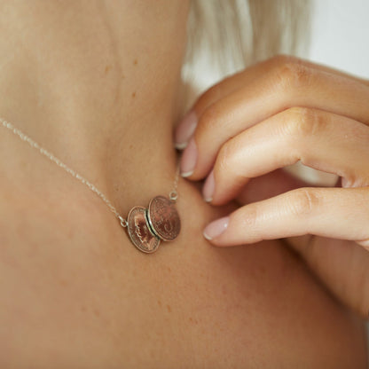 Threepence double coin necklace in palladium plated silver - a delicate dainty vintage inspired necklace. Perfect gift for girlfriend, bride