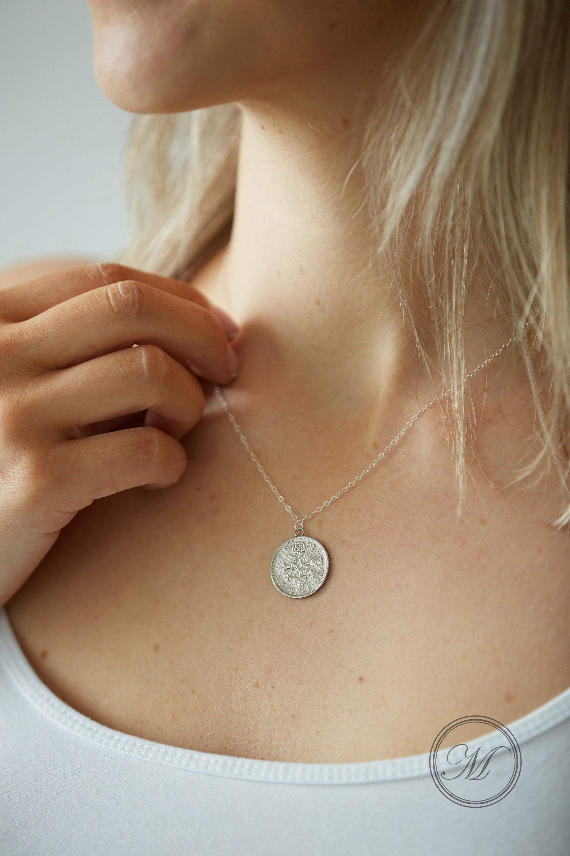 Sixpence necklace, lucky sixpence coin necklace, layering necklace, wedding necklace, sterling silver chain, palladium plated coin