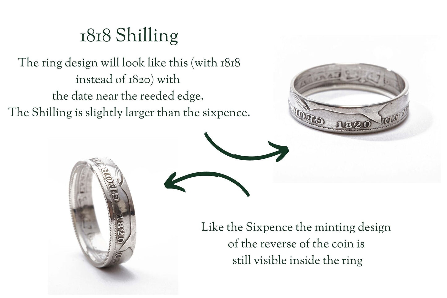 Pair of rare 1818 British Sterling Silver Sixpence and Shilling Coin Rings Wedding Bands