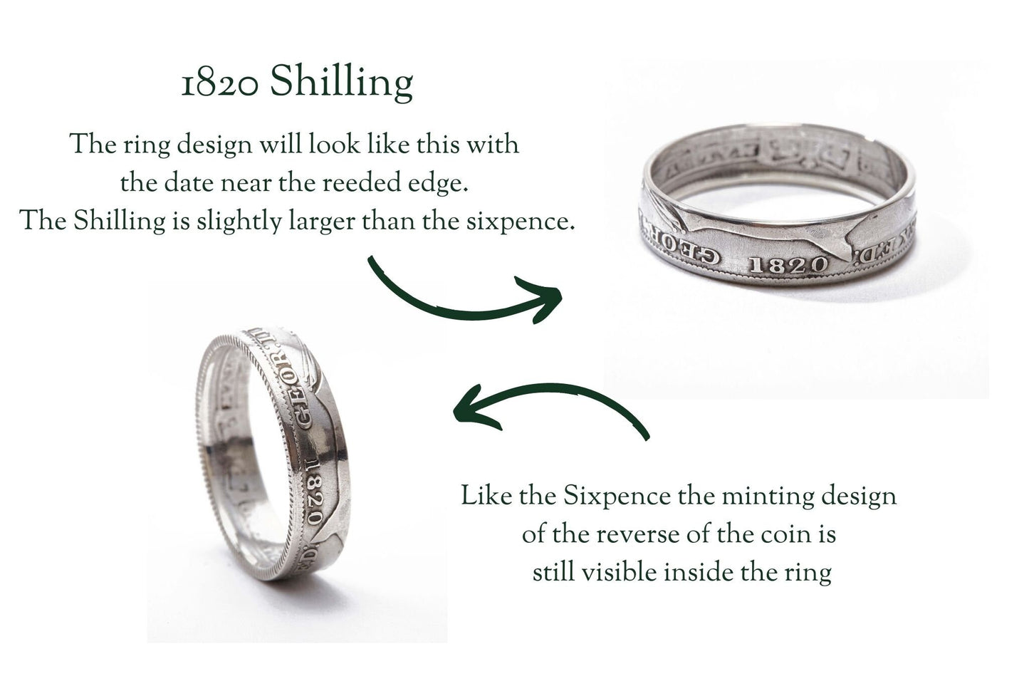 His and hers rings, handmade coin rings, sterling silver rings, pair of vintage wedding rings, British Shilling and Sixpence 1820's