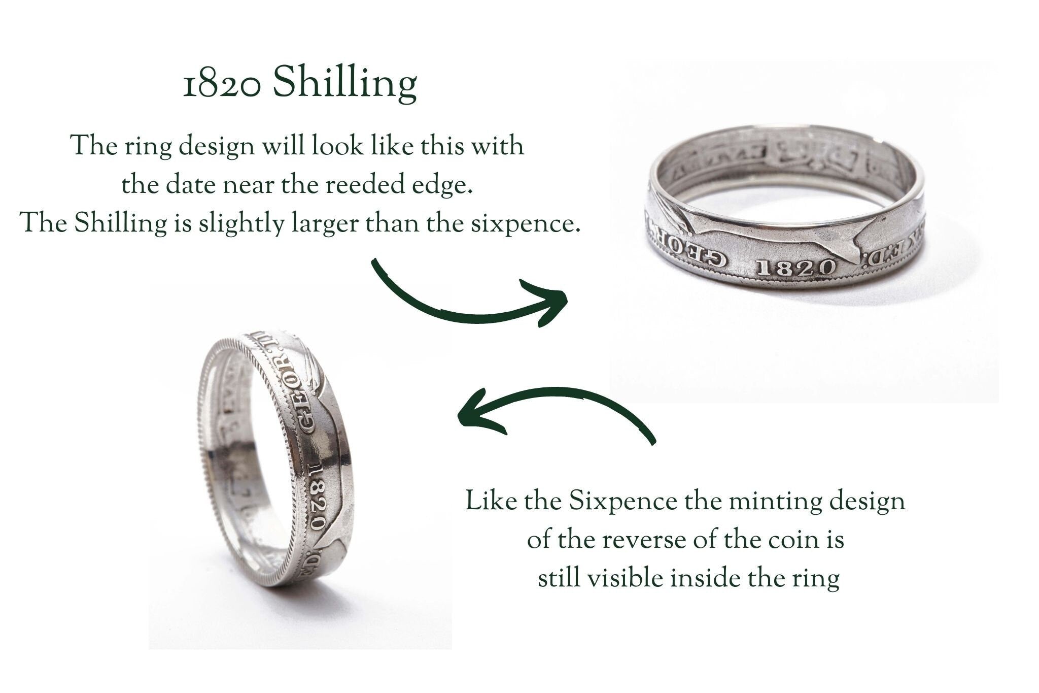 His and hers rings, handmade coin rings, sterling silver rings, pair of vintage wedding rings, British Shilling and Sixpence 1820's