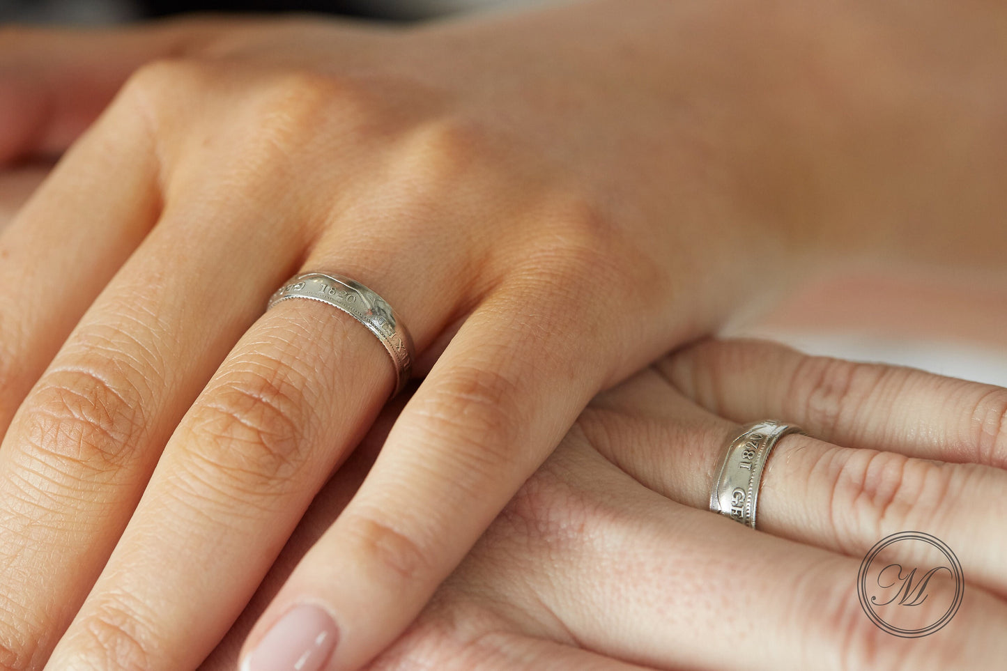 His and hers rings, handmade coin rings, sterling silver rings, pair of vintage wedding rings, British Shilling and Sixpence 1820's