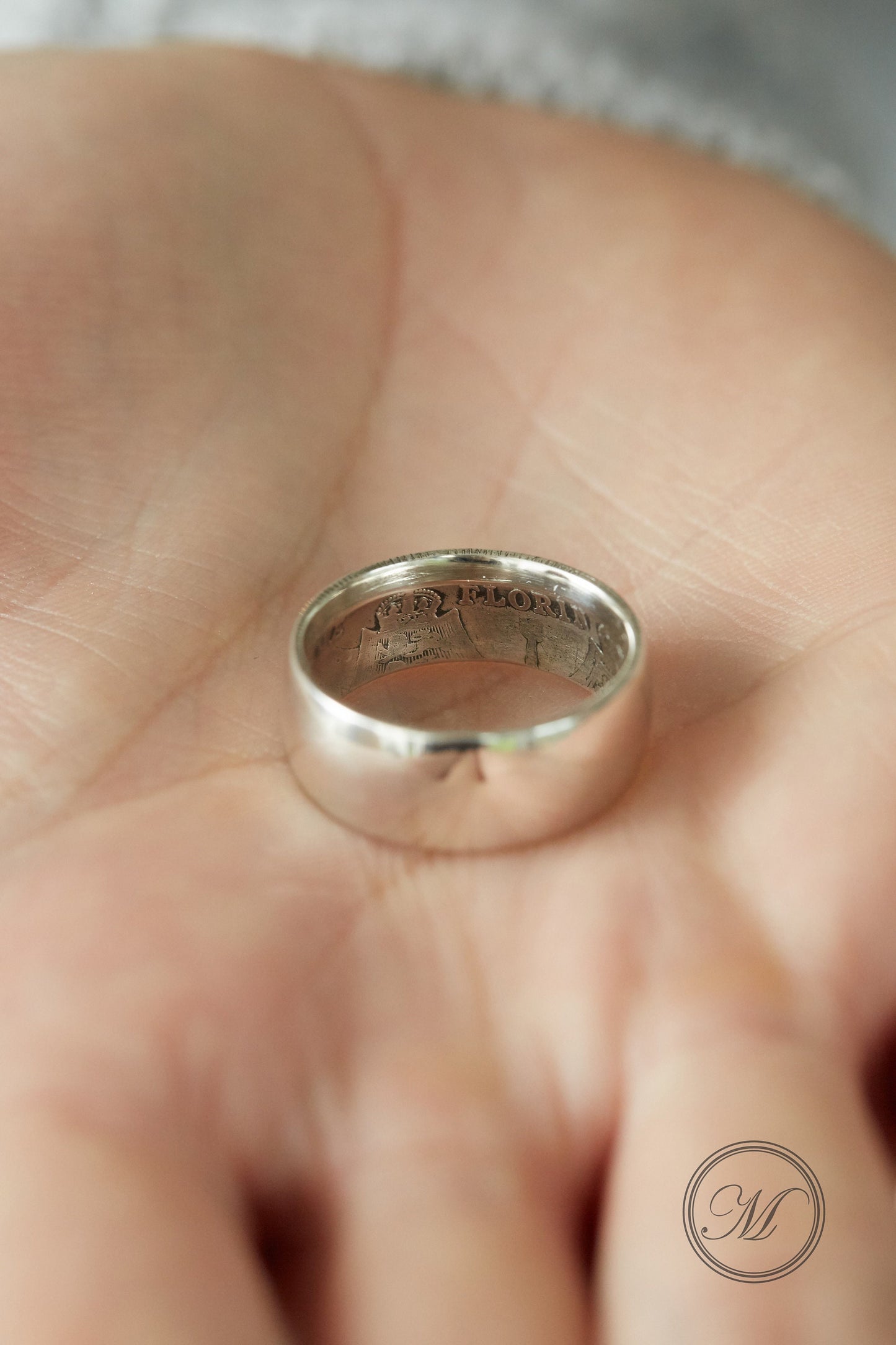 Sterling Silver Coin Ring Wedding Band - a sturdy Florin coin ring, smooth on the outside and detailed inside. Size: Men's, large