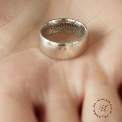 Sterling Silver Coin Ring Wedding Band - a sturdy Florin coin ring, smooth on the outside and detailed inside. Size: Men's, large