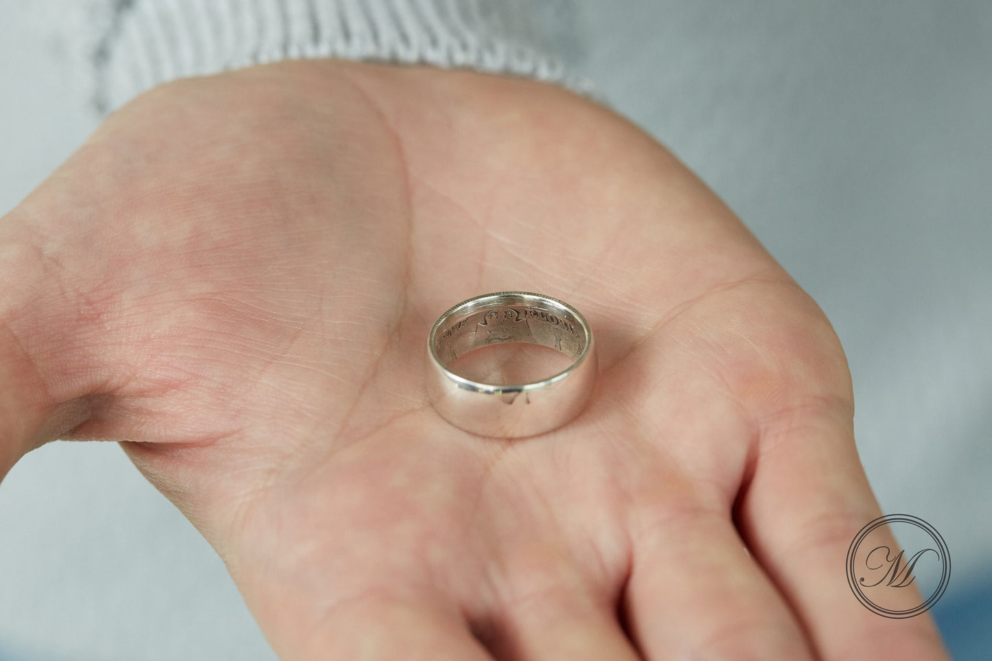 Sterling Silver Coin Ring Wedding Band - a sturdy Florin coin ring, smooth on the outside and detailed inside. Size: Men's, large