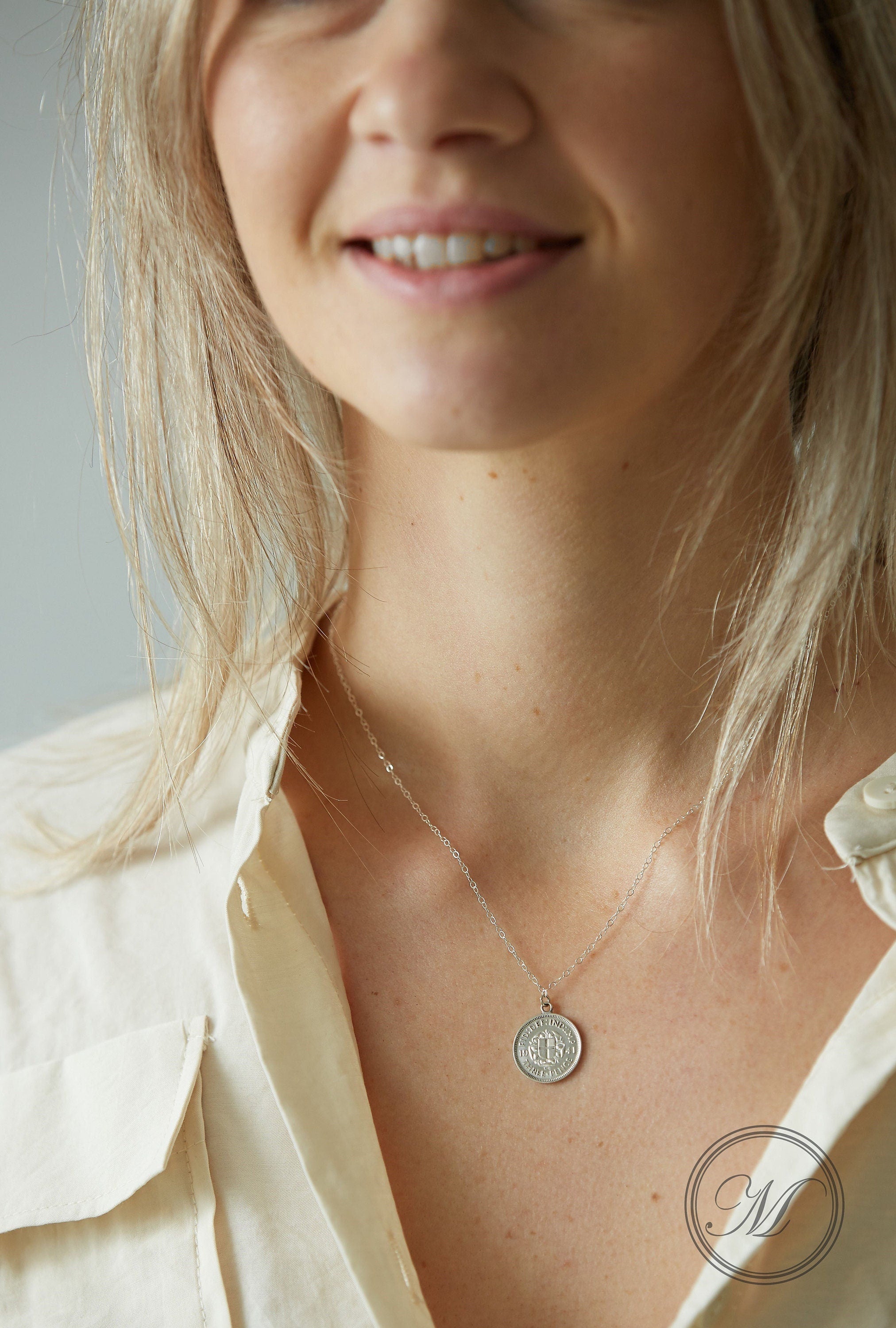 British threepence coin necklace palladium plated - a silver lucky coin necklace perfect for layering.