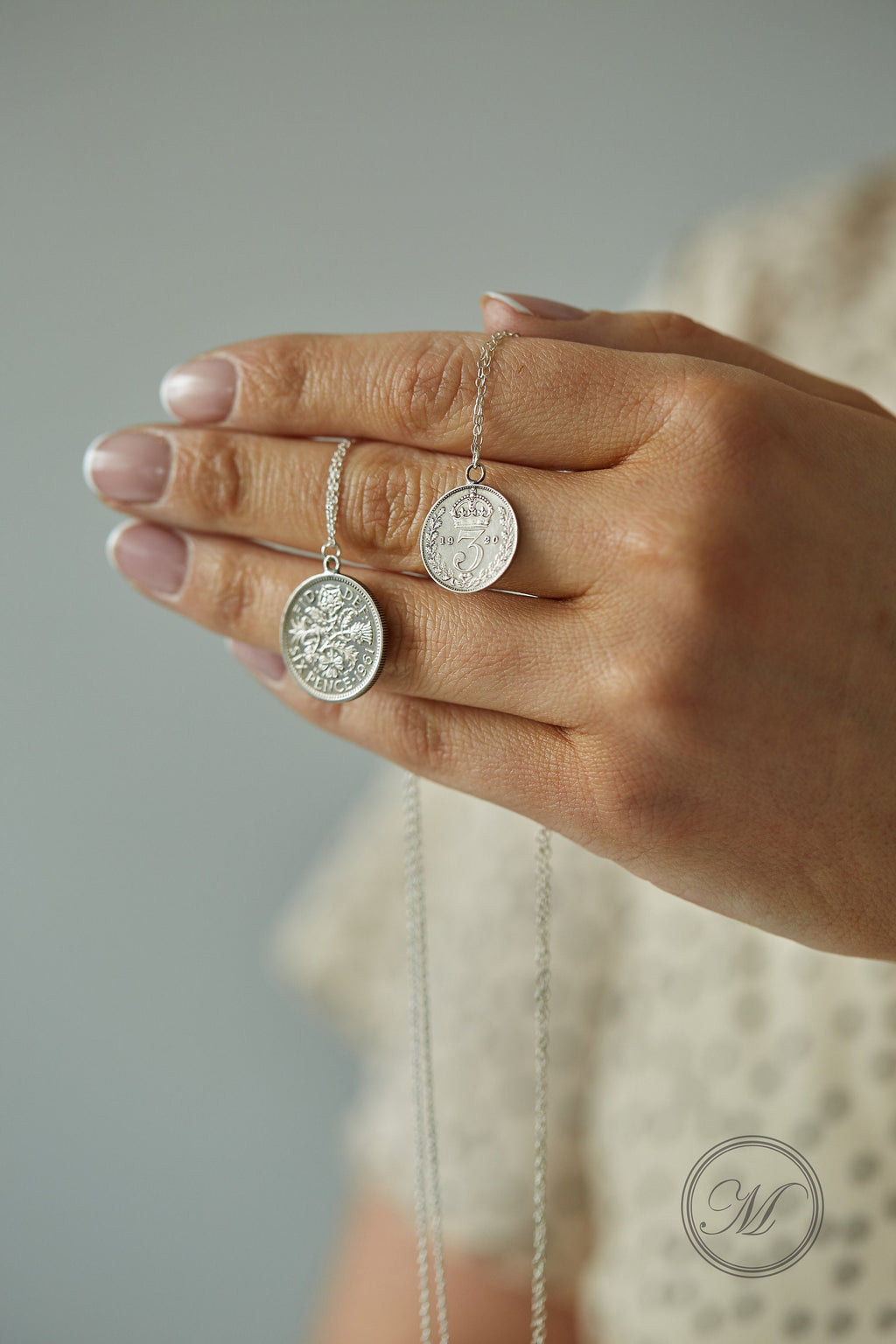 Layered sixpence and threepence silver coin necklace palladium plated on sterling silver chains - on trend British pendant layering necklace