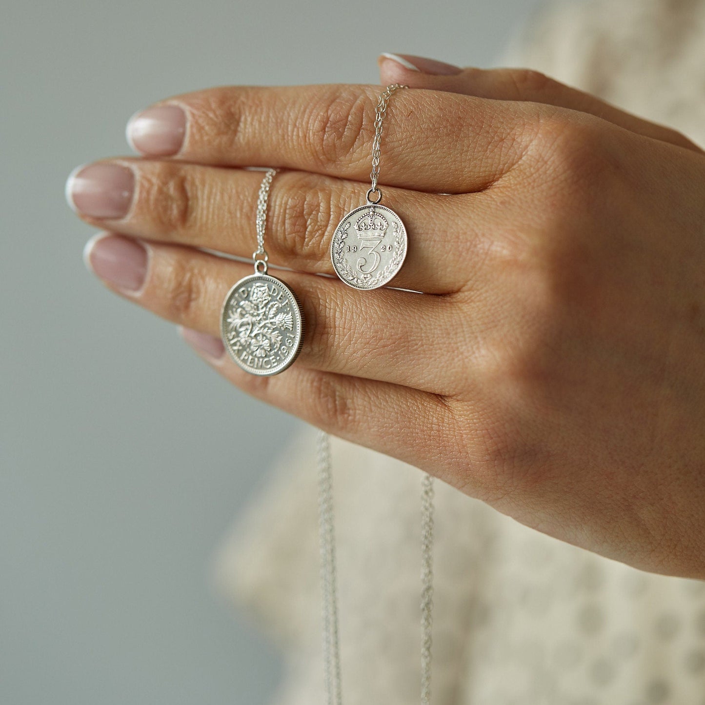 Layered sixpence and threepence silver coin necklace palladium plated on sterling silver chains - on trend British pendant layering necklace