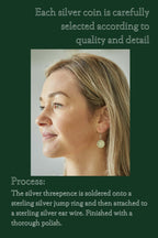 Handmade tiny delicate silver coin earrings on sterling silver ear wire | British threepence coins | Minimalist small drop silver earrings