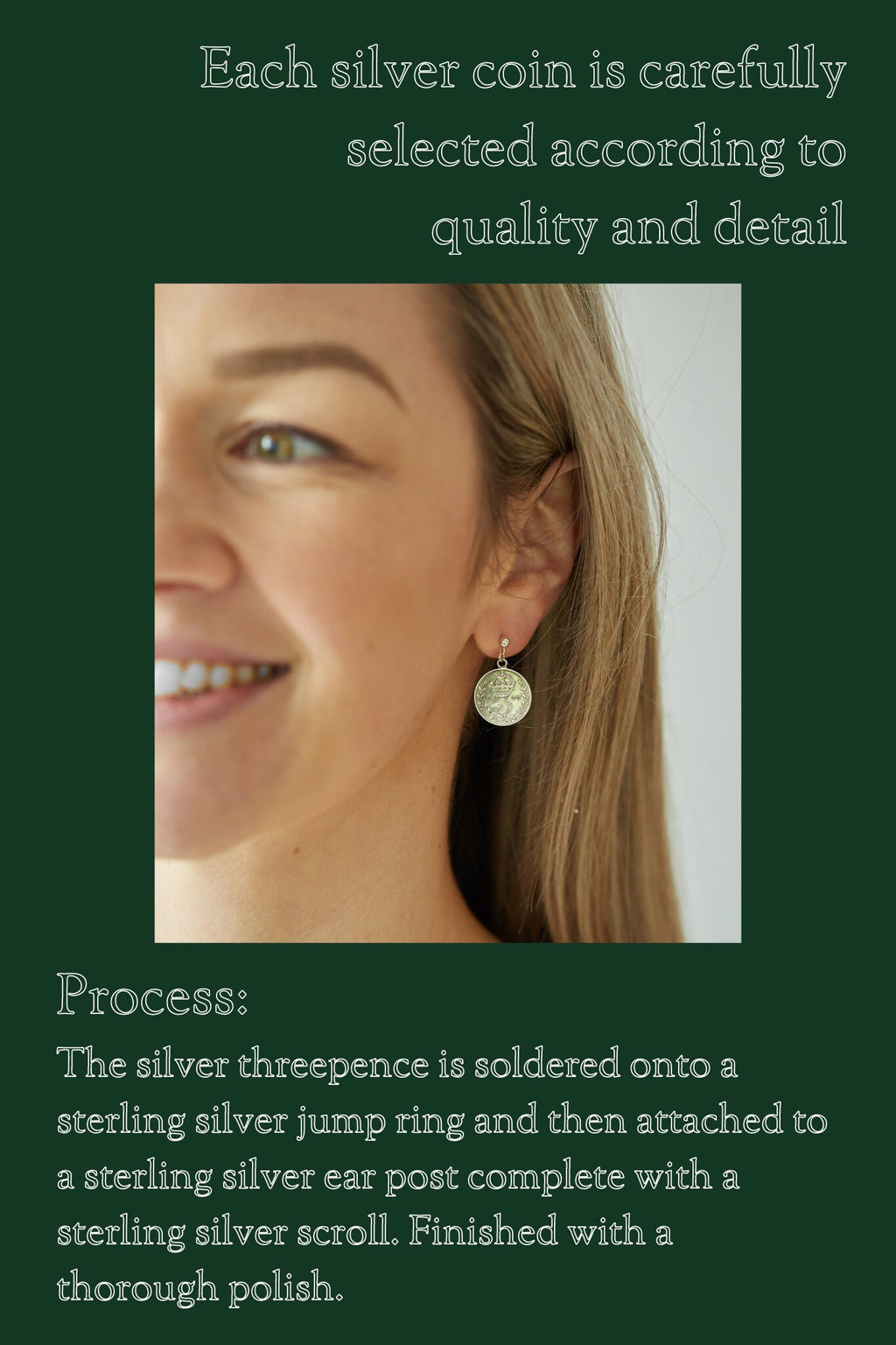 British Threepence Coin Handmade Earrings sterling silver, sterling silver ear post stud, delicate silver drop earrings, small coin earrings