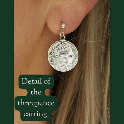 British Threepence Coin Handmade Earrings sterling silver, sterling silver ear post stud, delicate silver drop earrings, small coin earrings