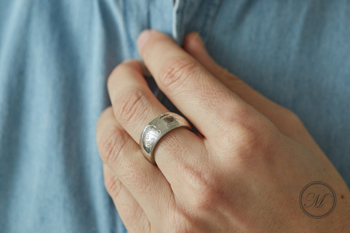 Kennedy Half Dollar 1964 Liberty handmade coin ring 90% silver - a rare American coin ring made from a vintage upcycled coin