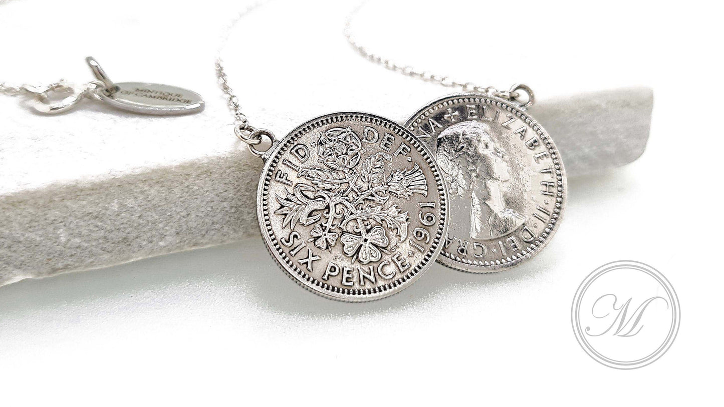 Sixpence Double Necklace, sterling silver chain, coin necklace, palladium plated