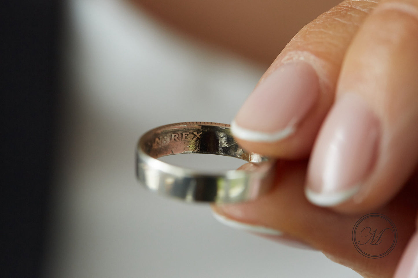 Sterling Silver Coin Ring Wedding Band - a delicate Sixpence coin ring, smooth on the outside and detailed inside. Size: Womans, small