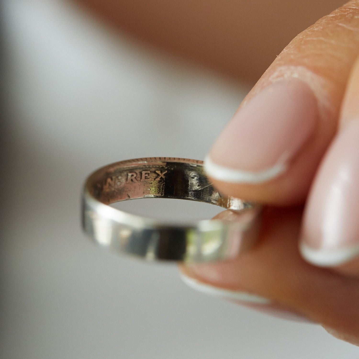 Sterling Silver Coin Ring Wedding Band - a delicate Sixpence coin ring, smooth on the outside and detailed inside. Size: Womans, small