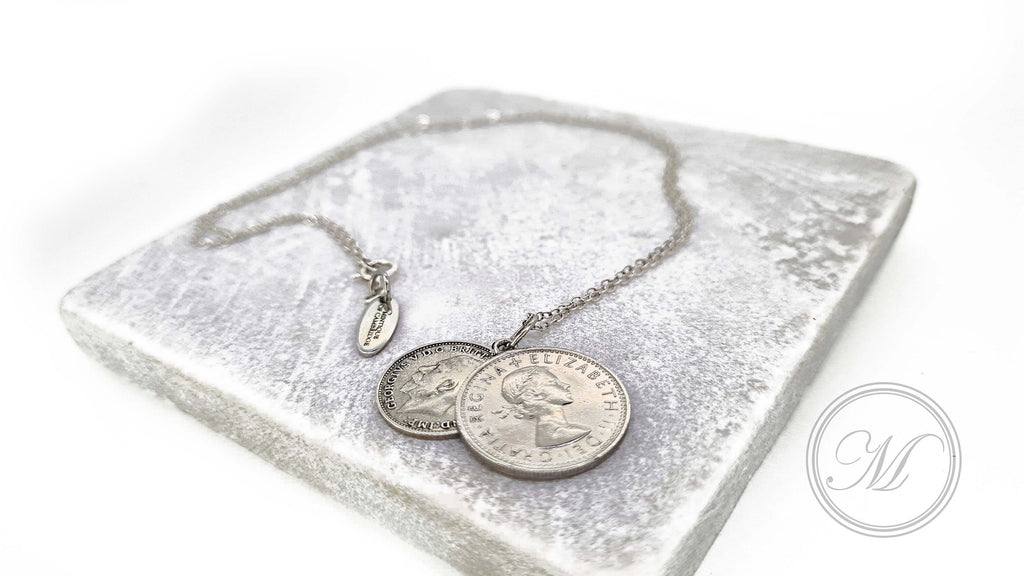 Lucky Sixpence and Threepenny coin layered necklace suspended on a sterling silver chain with your choice of date (palladium plated)