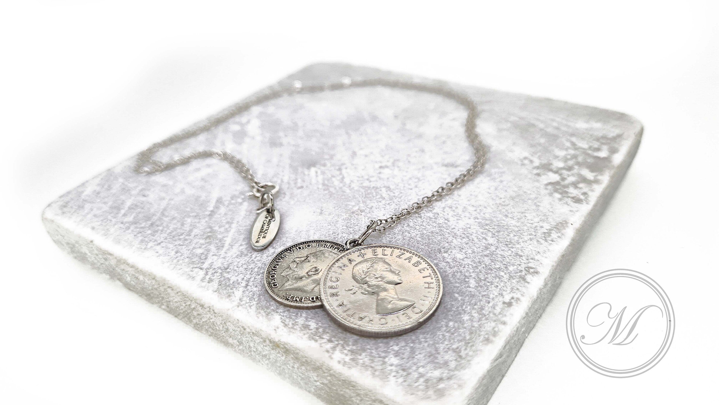 Lucky Sixpence and Threepenny coin layered necklace suspended on a sterling silver chain with your choice of date (palladium plated)