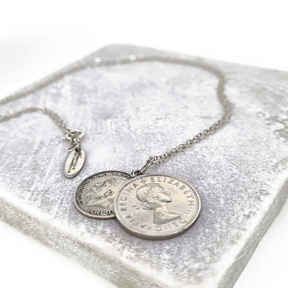 Lucky Sixpence and Threepenny coin layered necklace suspended on a sterling silver chain with your choice of date (palladium plated)