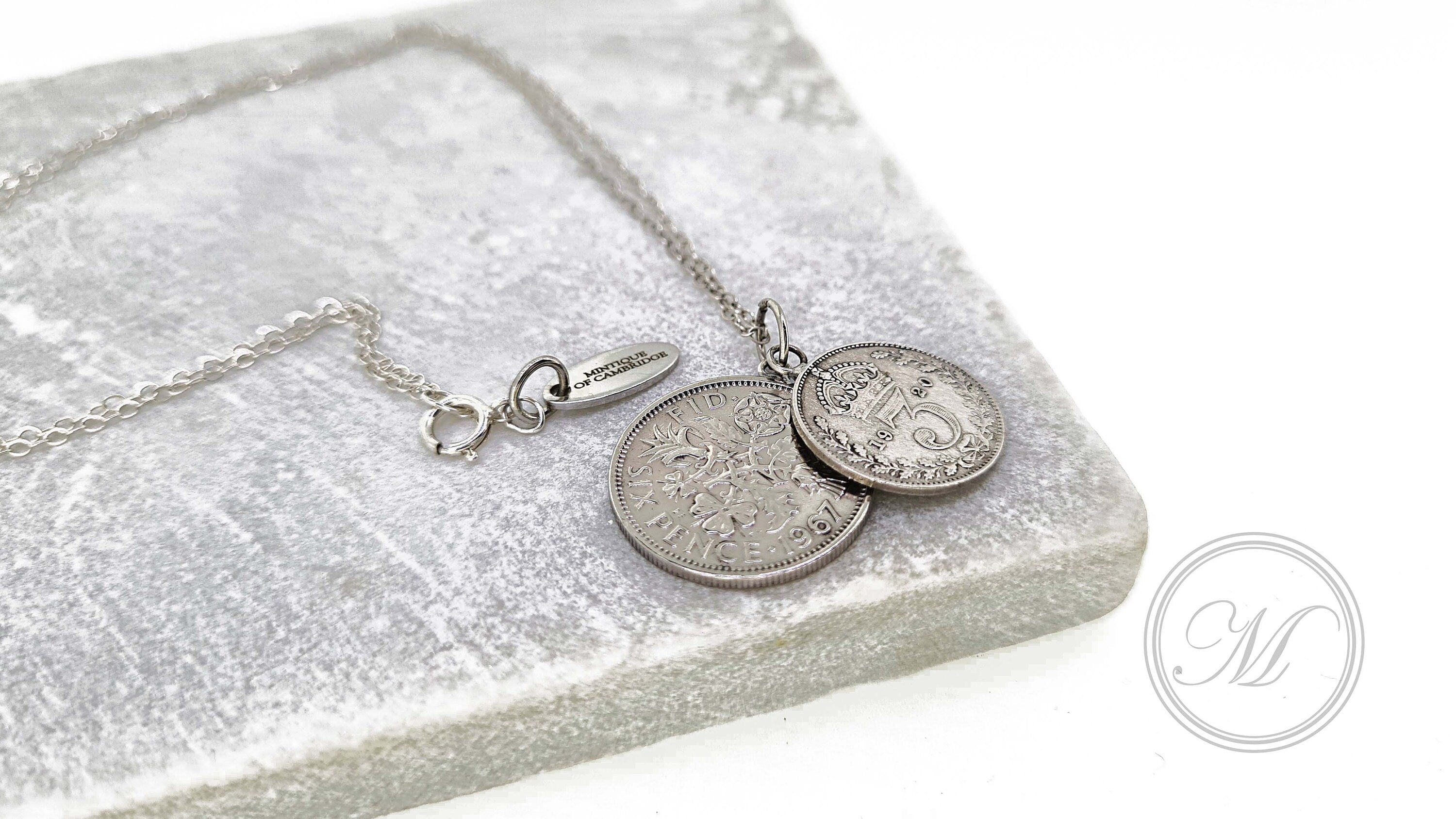 Lucky Sixpence and Threepenny coin layered necklace suspended on a sterling silver chain with your choice of date (palladium plated)
