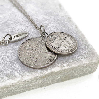 Lucky Sixpence and Threepenny coin layered necklace suspended on a sterling silver chain with your choice of date (palladium plated)