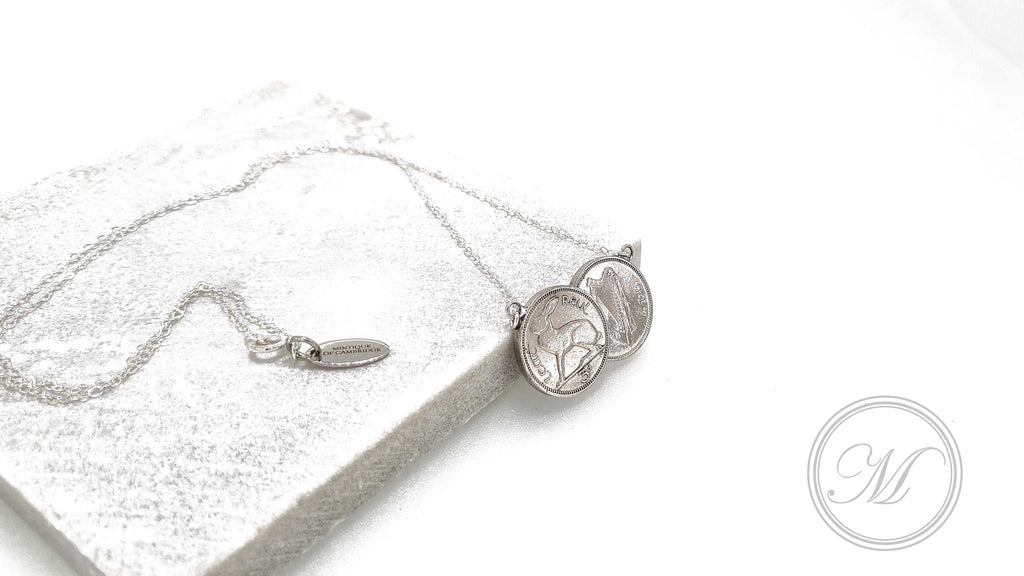 Irish threepence double necklace, silver Irish necklace, silver delicate pendant, double coin necklace, palladium plated coins