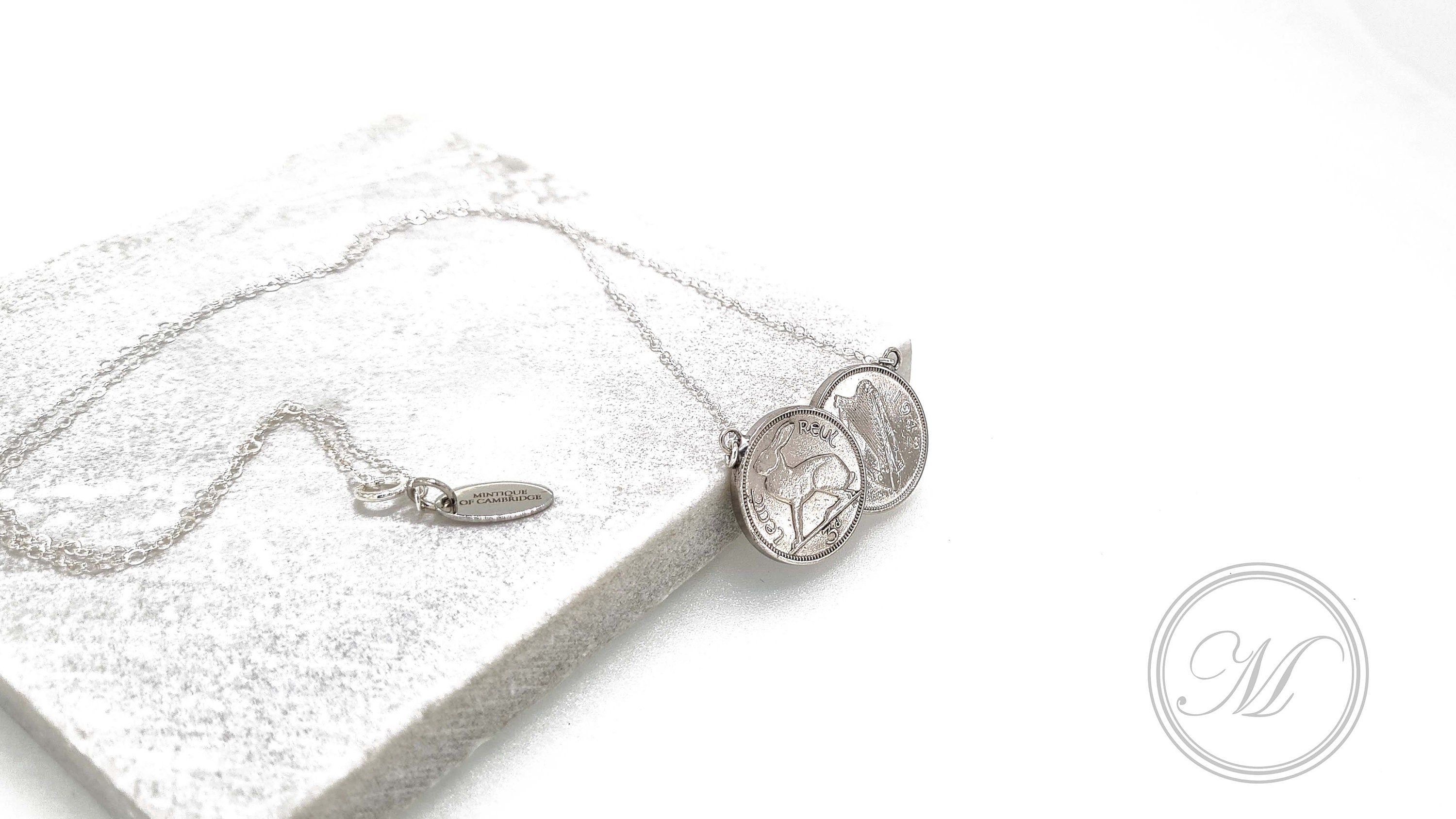 Irish threepence double necklace, silver Irish necklace, silver delicate pendant, double coin necklace, palladium plated coins