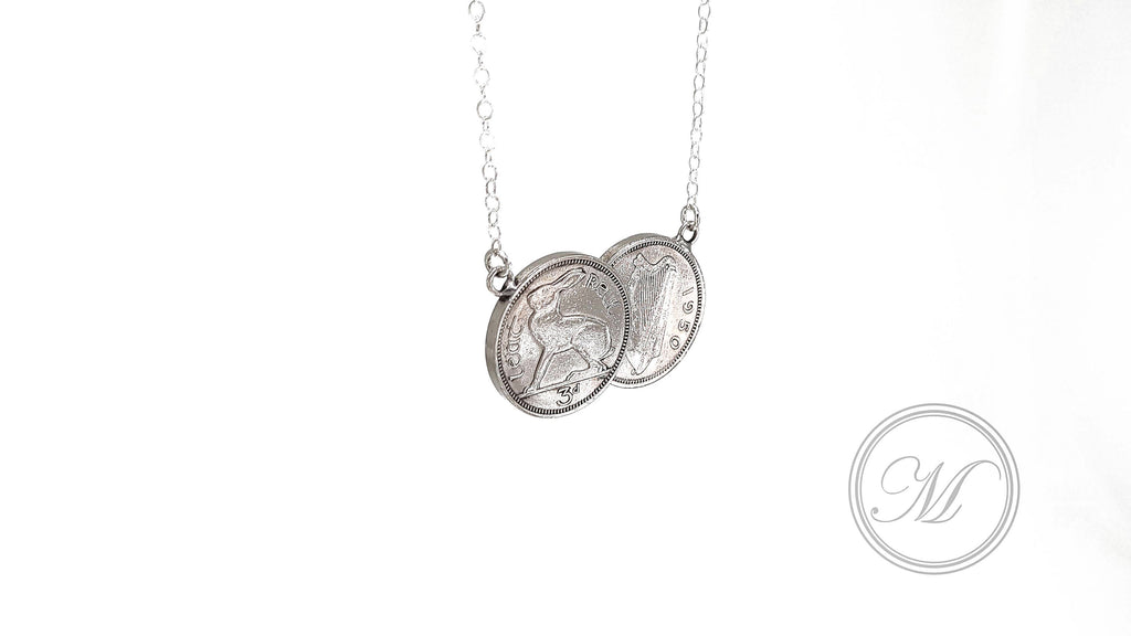 Irish threepence double necklace, silver Irish necklace, silver delicate pendant, double coin necklace, palladium plated coins