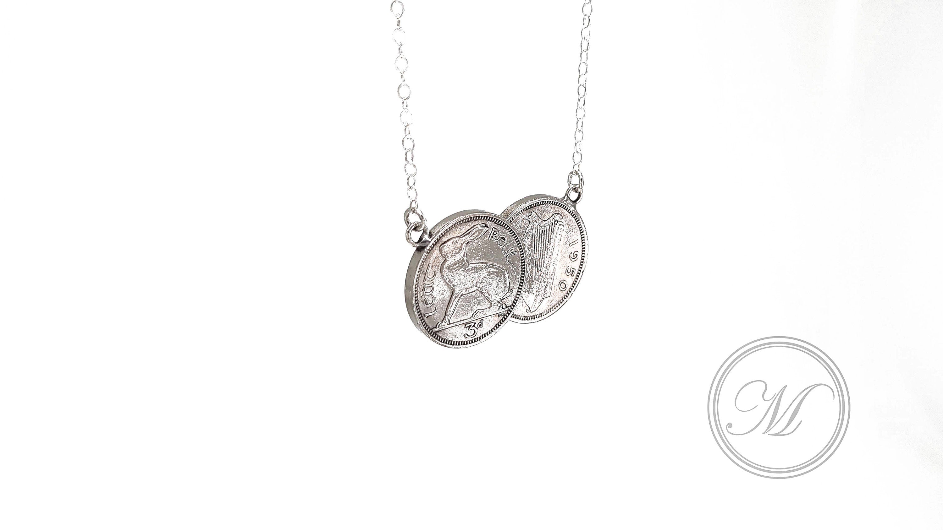 Irish threepence double necklace, silver Irish necklace, silver delicate pendant, double coin necklace, palladium plated coins