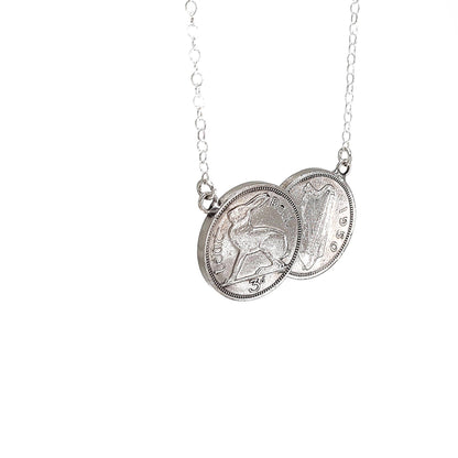 Irish threepence double necklace, silver Irish necklace, silver delicate pendant, double coin necklace, palladium plated coins