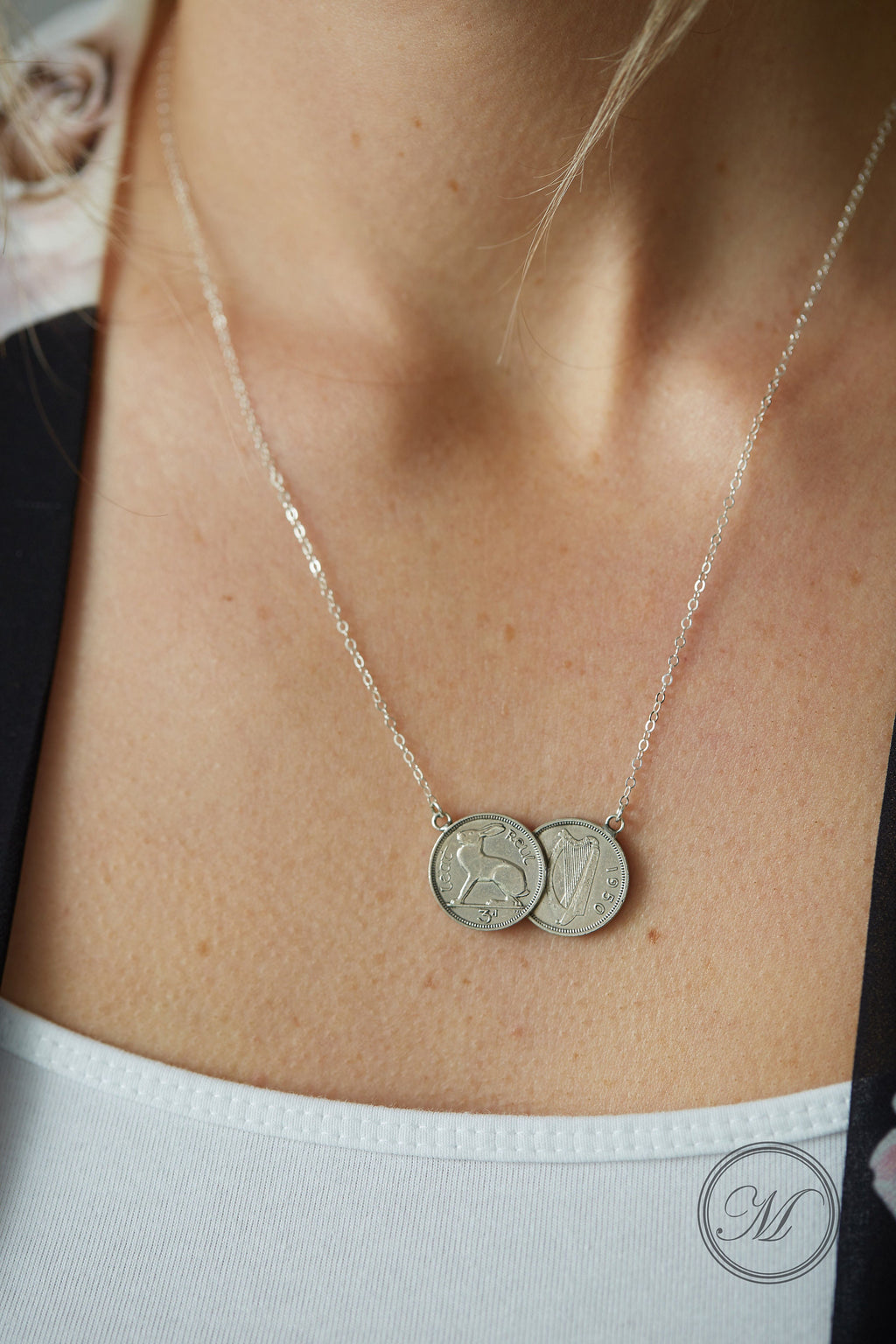 Irish threepence double necklace, silver Irish necklace, silver delicate pendant, double coin necklace, palladium plated coins