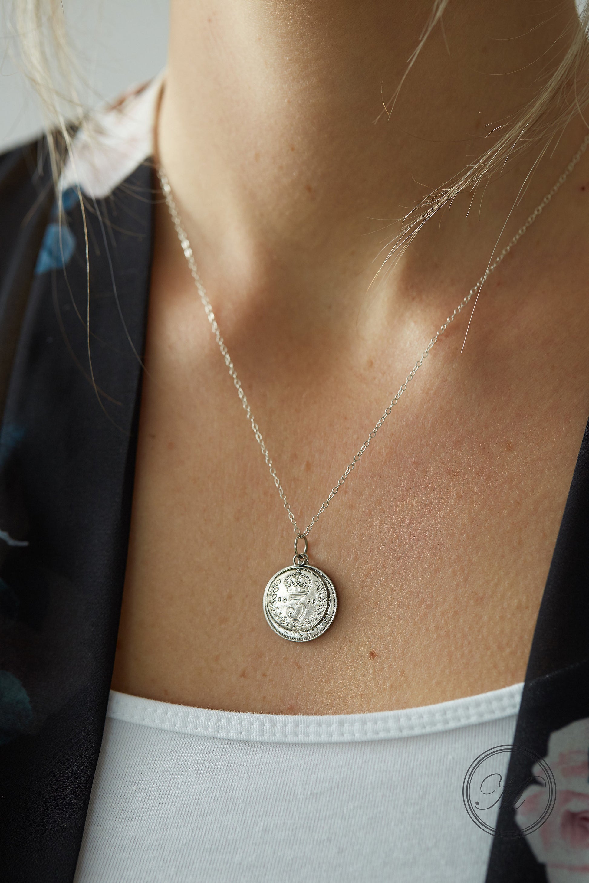 Lucky Sixpence and Threepenny coin layered necklace suspended on a sterling silver chain with your choice of date (palladium plated)