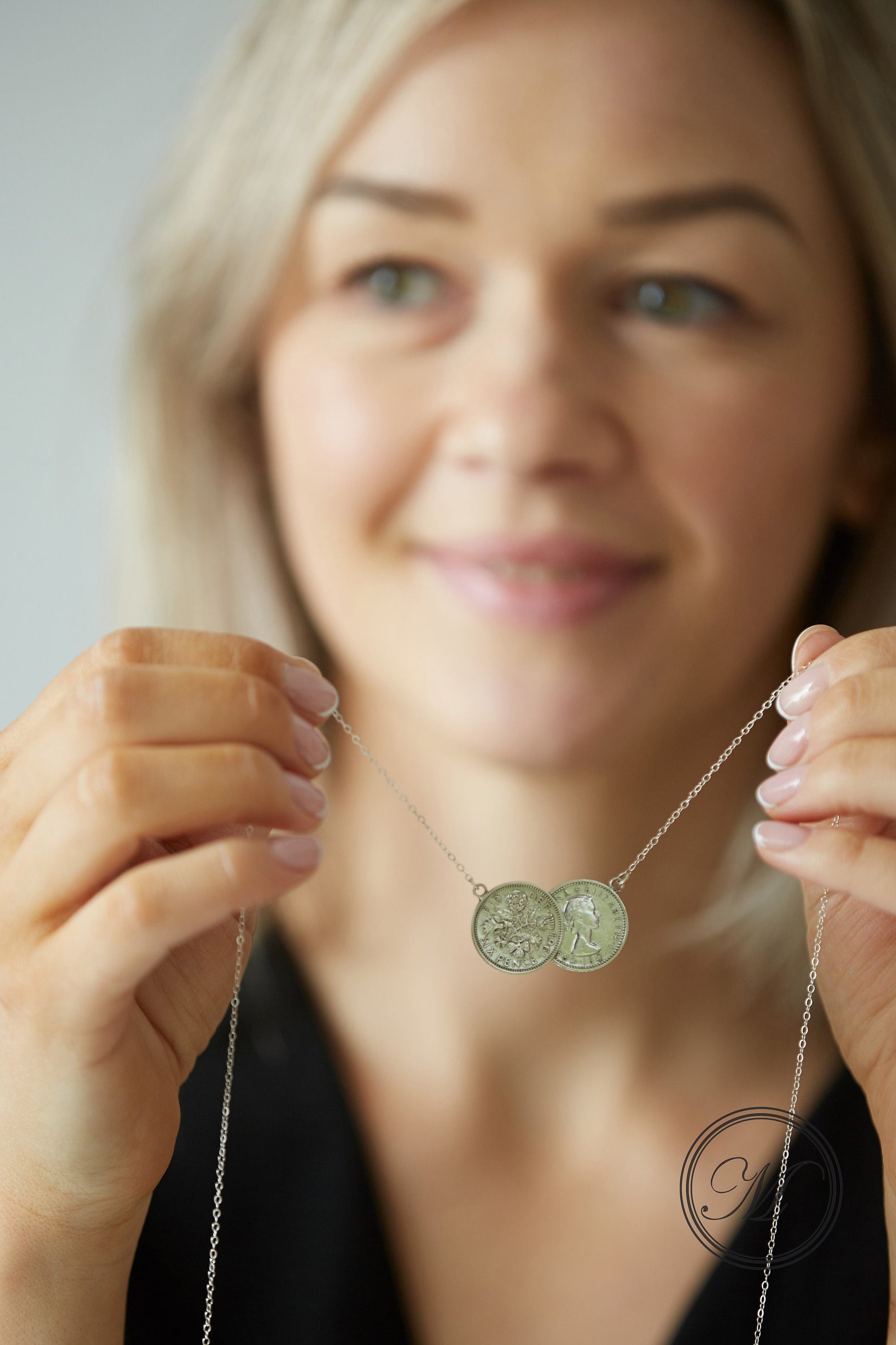 Sixpence Double Necklace, sterling silver chain, coin necklace, palladium plated