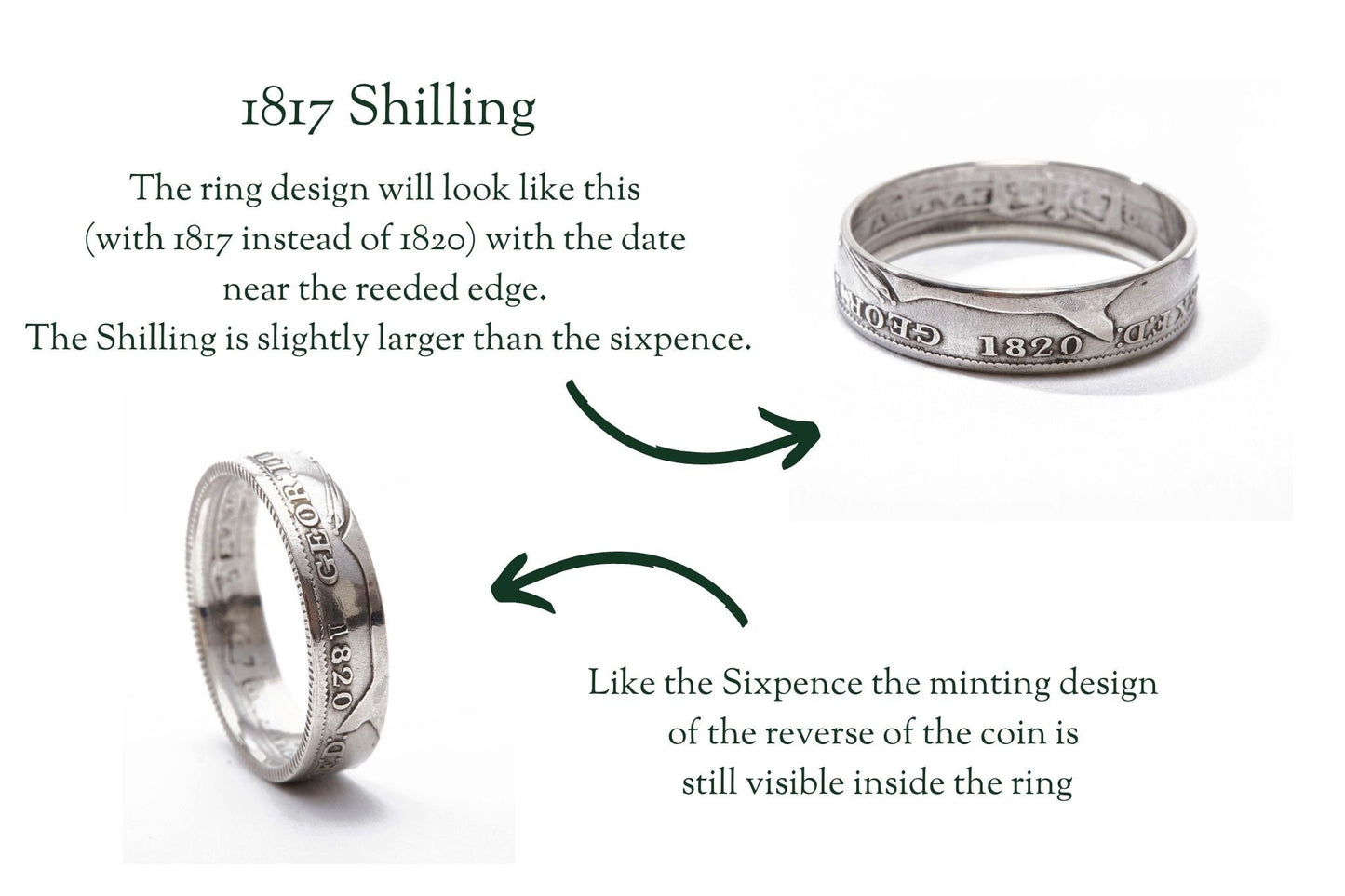 Silver wedding ring set, stacking coin ring set, handmade coin rings Shilling and sixpence 1817, pair of British silver coin rings