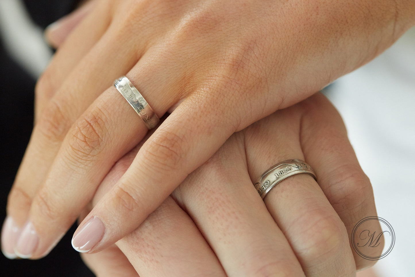 Silver wedding ring set, stacking coin ring set, handmade coin rings Shilling and sixpence 1817, pair of British silver coin rings