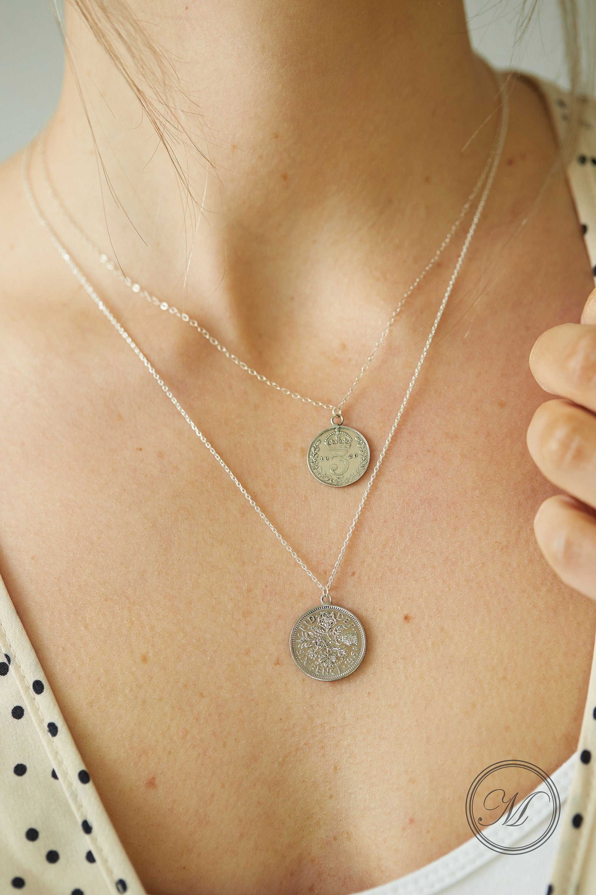 Layered sixpence and threepence silver coin necklace palladium plated on sterling silver chains - on trend British pendant layering necklace