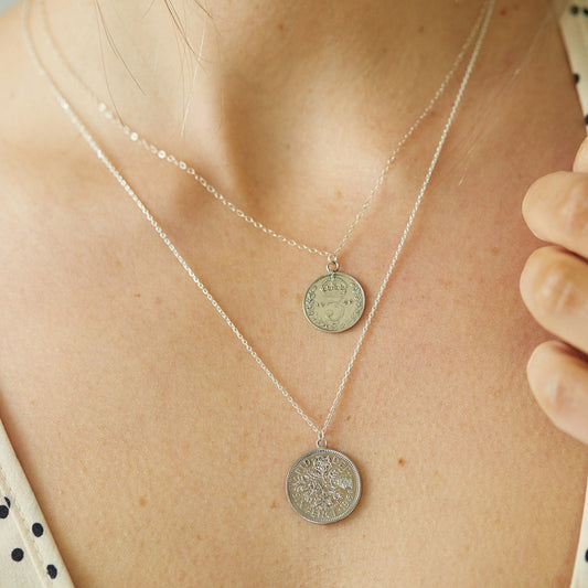 Layered sixpence and threepence silver coin necklace palladium plated on sterling silver chains - on trend British pendant layering necklace