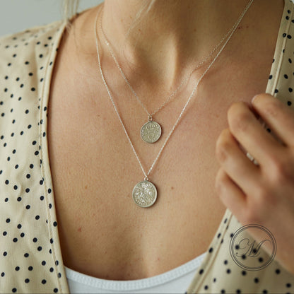 Layered sixpence and threepence silver coin necklace palladium plated on sterling silver chains - on trend British pendant layering necklace