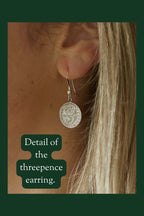 Handmade tiny delicate silver coin earrings on sterling silver ear wire | British threepence coins | Minimalist small drop silver earrings